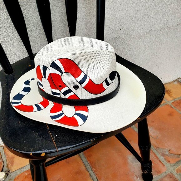 Hand Painted Snake White Fedora Straw Hat Made in Mexico Size Medium - Picture 2 of 13